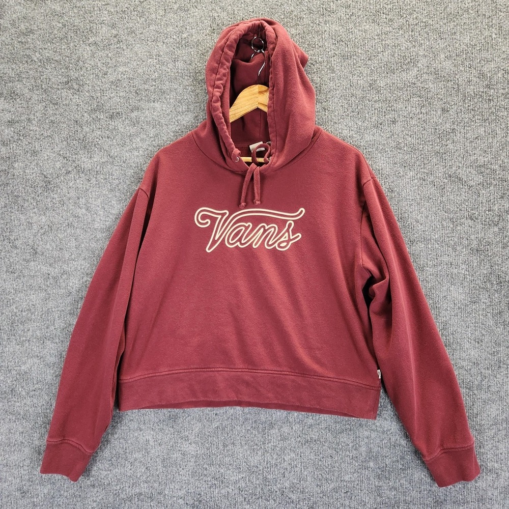 Vans Hoodie Womens Extra Large Burgundy Cropped Pullover Logo Fleece Sweatshirt